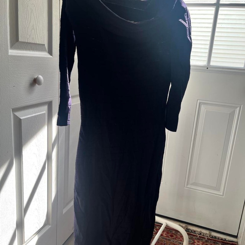 Eliza J black midi dress with 3/4 sleeves and cowl neck, size L